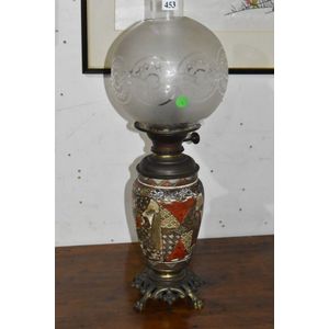 Japanese Satsuma handpainted and gilt oil lamp on brass lion…