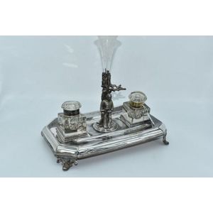 Victorian silver plate figural single empergne twin glass ink…