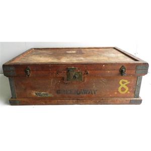 Sold at Auction: Vintage Steamer Trunk - material covered with timber slats  and steel strapping with black painted finish, leather handles with brass  latch, paper lined interior. Height 49cm x 91cm wide