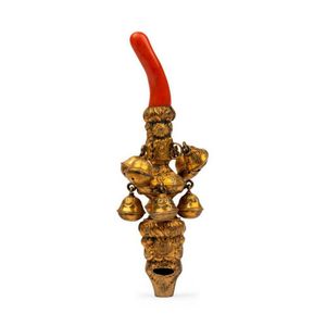 A coral mounted silver gilt rattle, English, 19th century the…