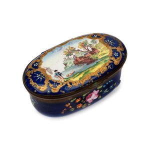 A Battersea enamel box, English, 19th century of oval form,…