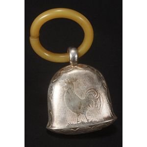 Child's silver rattle and hoop, decorated with roosters and…