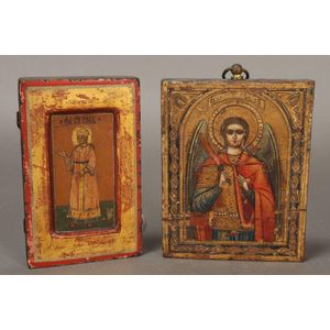 Two miniature Russian Icons, of rectangular form, one depicting…