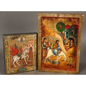 Two Russian painted icons, both of rectangular form, one…