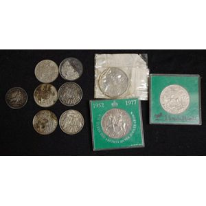 Six Australian 1966 50 cent pieces, a 1954 florin and 3 English…