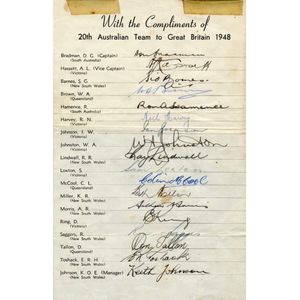 1948 Australian team, official team sheet with 18 signatures…