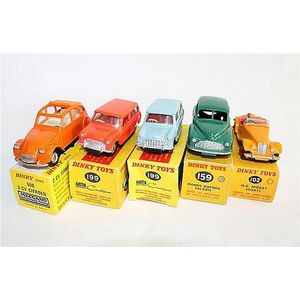 Five Dinky Toys, including orange 'Austin 7 Countryman 199',…