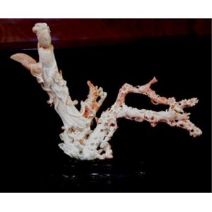 Chinese carved red coral figure of Guanyin, modelled from an&hellip;