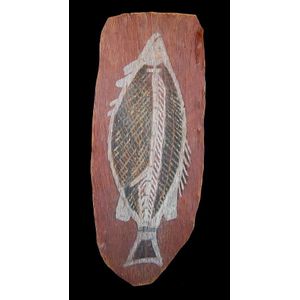 A bark painting, Artist Unknown, (fish), West Arnhem Land,…