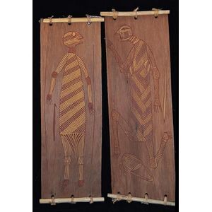Gary Djorlam 1950 - male and female Mimi Spirits ochres on bark…