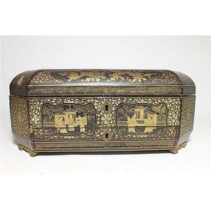 A 19th century Chinoiserie jewellery and sewing casket, with…
