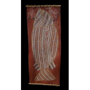 Wally Mandarrk 1915 -1987 fish and Frogs ochres on bark Central…