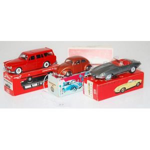 Three Tekno models, including 830 Volvo 121, dark red; 926…