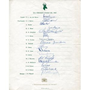 1965 South African Team, official team sheet with 16 signatures…
