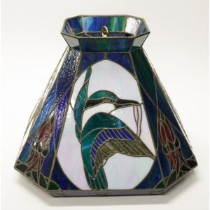 Vintage lead light glass 'Kingfisher' lamp shade height 33.5 cm