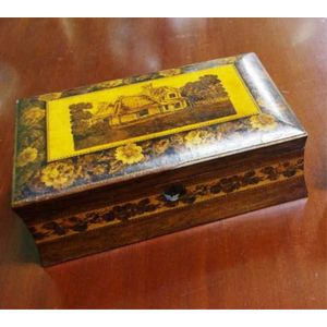 Tunbridge ware card games box, with removable cribbage board,…