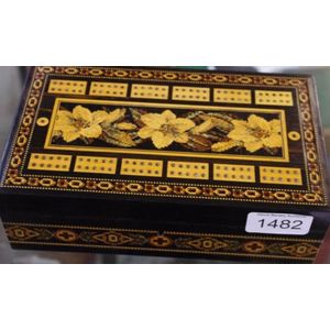Tunbridge ware card games box, one with mosaic cribbage board…
