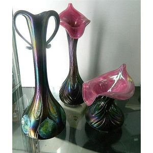 Three Czech Art Glass Loetz style iridescent vases, 30 cm, 27…