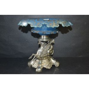 Silver griffin centrepiece with blue inlaid glass bowl (rubbed)