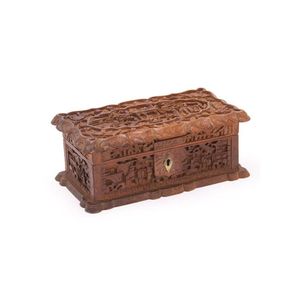 A finely carved sandalwood lidded box, decorated with figures…