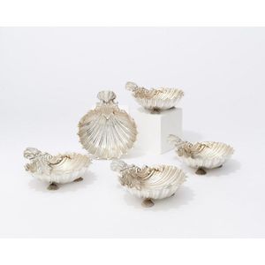 A set of five silver shell dishes, possibly Portuguese or Hanau…