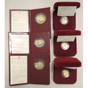 Six Australian 'Nugget' $15 gold proof/UNC coins 1994-1999