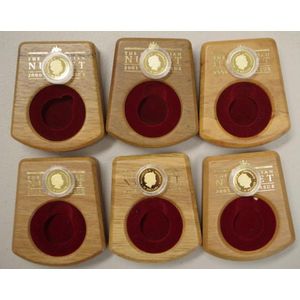 Six Australian $15 'Nugget' gold proof/UNC coins 2000-2005