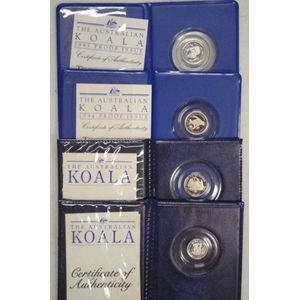 Four Australian koala platinum proof coins comprising of 1991,…