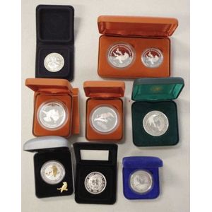 Nine Australian silver kookaburra theme coins comprising of 1@…