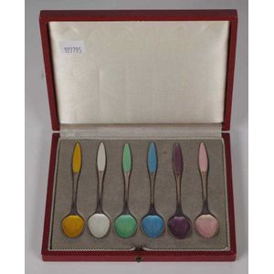 Cased set six Danish silver & enamel coffee spoons with enamel&hellip;