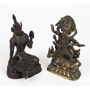 Two antique bronze Buddhist statues, comprising a Tibetan&hellip;
