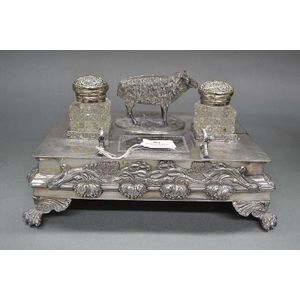 Antique silver plate two bottle ink stand with mounted sheep…