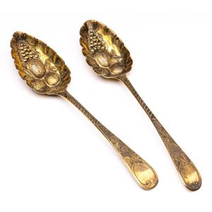 George III hallmarked sterling silver berry spoons, gilded finish, 21 ...