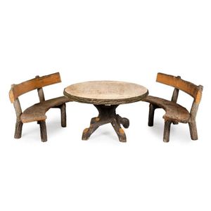 A faux bois garden table and two benches, 75 cm high, 132 cm…