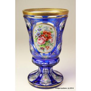 Bohemian Cobalt Glass Vase with Handpainted Summer Blooms - European ...