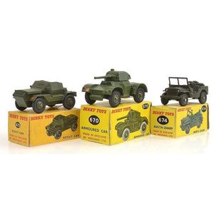 Three Dinky military vehicles, including 674 Austin Champ; 673…