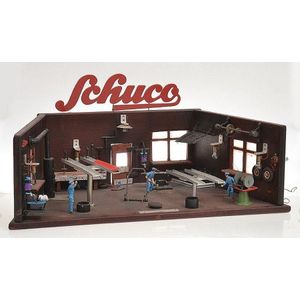 Wooden Schuco garage diorama, possibly unique, with three…