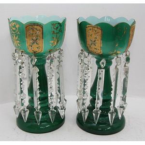 Victorian Green Glass Lustre Vases with Crystal Prisms - British ...