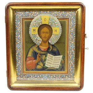 Russian icon of the Christ Pantokrator with silver basma-oklad…