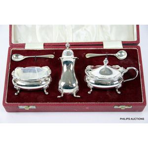 Sterling Silver Condiment Set With Cobalt Blue Inserts-5 Piece - S