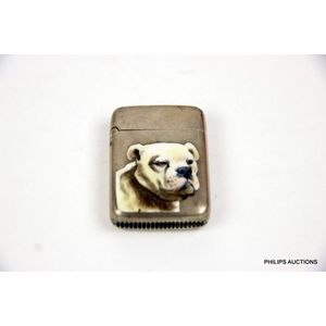 A dog themed Victorian sterling silver and enamel vesta case,…