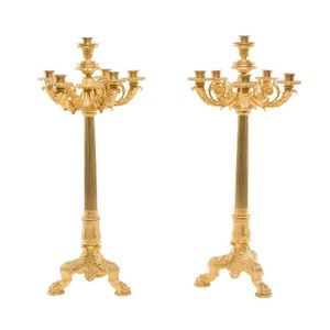A handsome pair of English Regency ormolu bronze candelabra,…
