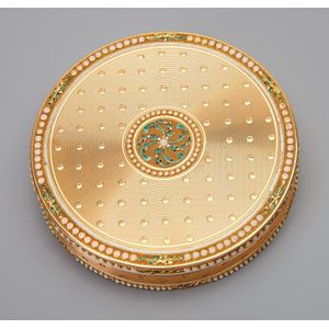 A German circular enamelled gold bonbonniere, marked Fj., Hanau,…