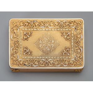A rectangular Russian three-colour gold snuff box, Johann…