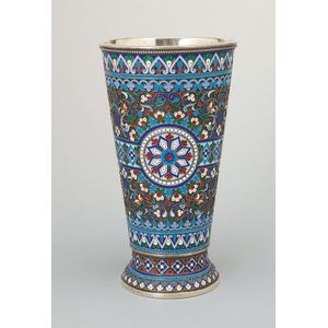 A large Russian silver and cloisonne enamel beaker, Ovchinnikov,…