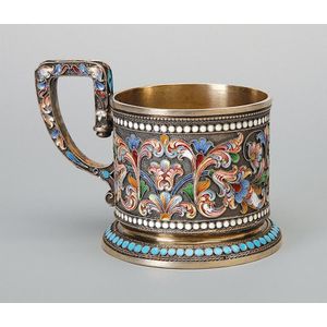 A Russian silver-gilt and cloisonne enamel tea glass holder, I.…