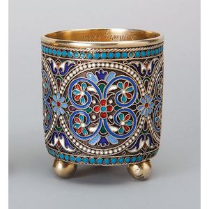 A Russian silver-gilt and cloisonne enamel small beaker, Moscow…