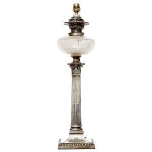 An Edwardian silver plate Corinthian column oil lamp with cut…