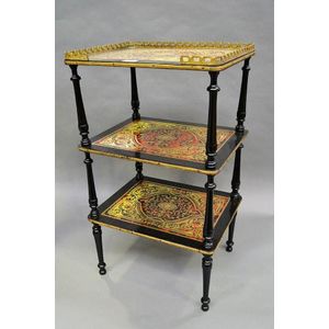 Antique boulle inlaid whatnot, held by ebonized turned supports,…