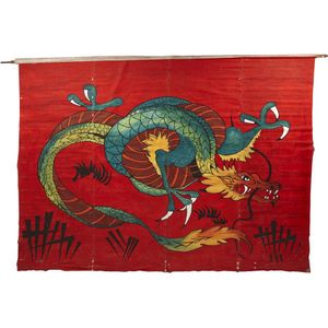 A painted rolled canvas magician dragon show poster, signed and…